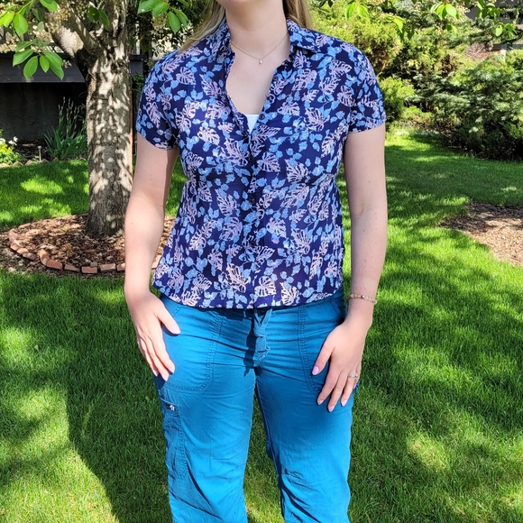 Vintage Japanese silk shirt Navy Blue leaf print - Picture 6 of 9